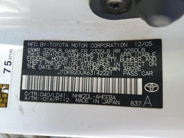 JTDKB20UX63142221 - 2006 TOYOTA PRIUS WHITE photo 12