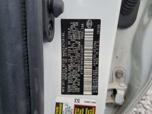 4T1B61HK0KU236917 - 2019 TOYOTA CAMRY XSE Weiß Foto 12