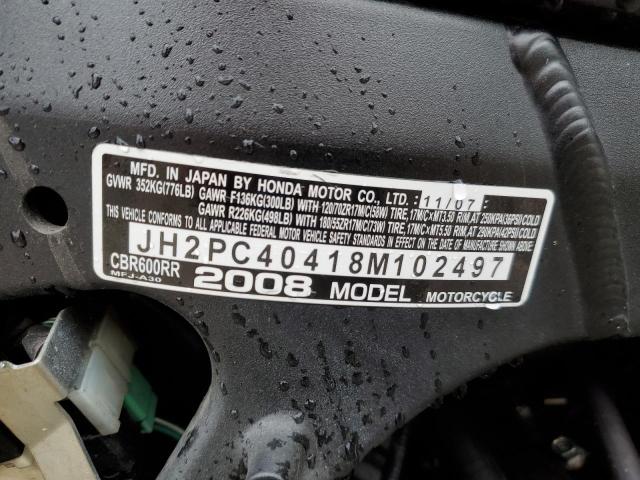 JH2PC40418M102497 - 2008 HONDA CBR600 RR CHARCOAL photo 10