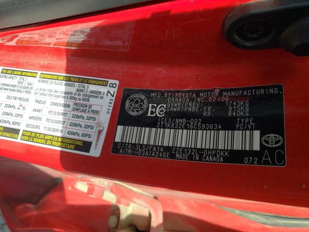 2T1KR32E16C593634 - 2006 TOYOTA COROLLA MA XR RED photo 13