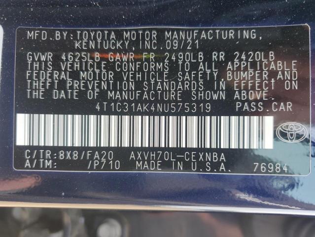 4T1C31AK4NU575319 - 2022 TOYOTA CAMRY LE BLUE photo 13