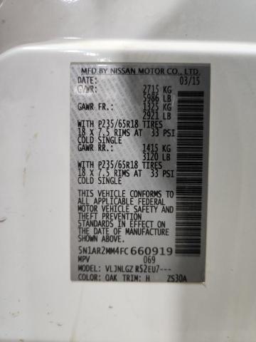 5N1AR2MM4FC660919 - 2015 NISSAN PATHFINDER S WHITE photo 13