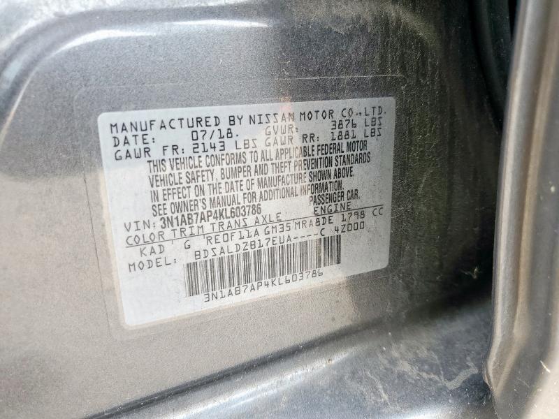 3N1AB7AP4KL603786 - 2019 NISSAN SENTRA S ნაცრისფერი ფოტო 13