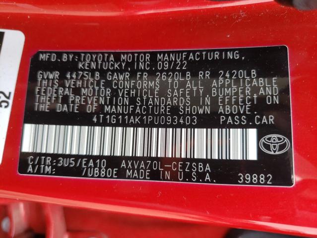 4T1G11AK1PU093403 - 2023 TOYOTA CAMRY SE NIGHT SHADE RED photo 12