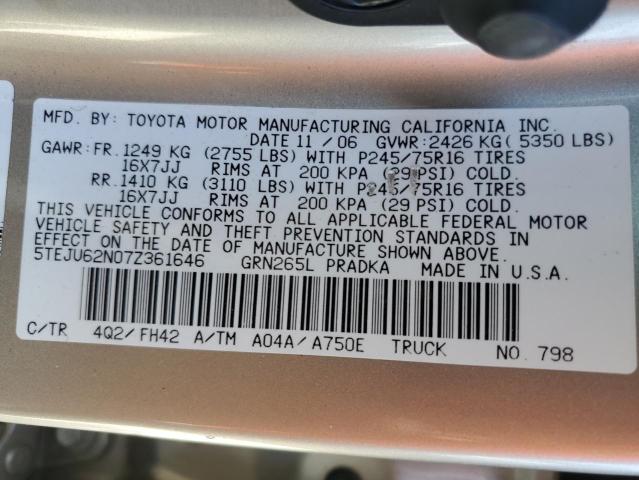 5TEJU62N07Z361646 - 2007 TOYOTA TACOMA DOUBLE CAB PRERUNNER GOLD photo 12