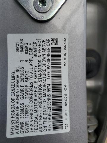 2HGFE2F58NH519974 - 2022 HONDA CIVIC SPORT Gümüş fotoğraf 12