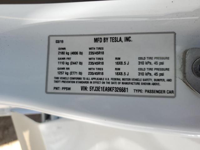 5YJ3E1EA9KF326681 - 2019 TESLA MODEL 3 WHITE photo 12