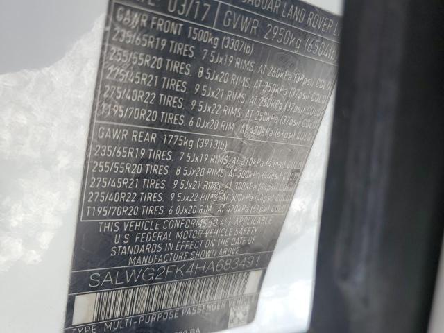 SALWG2FK4HA683491 - 2017 LAND ROVER RANGE ROVE SE WHITE photo 13