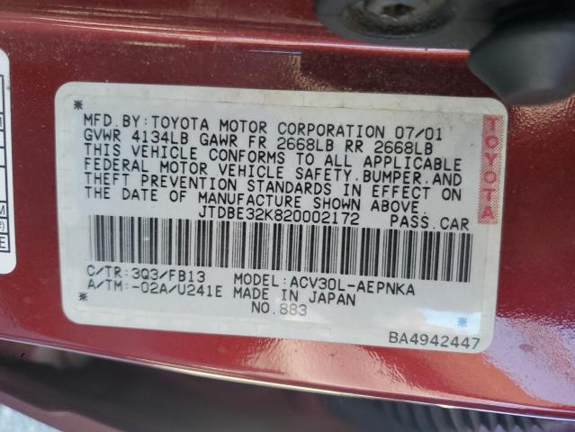 JTDBE32K820002172 - 2002 TOYOTA CAMRY LE BURGUNDY photo 12
