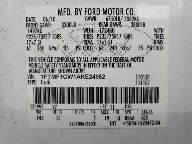 1FTMF1CW1AKE24962 - 2010 FORD F-150 WHITE photo 12