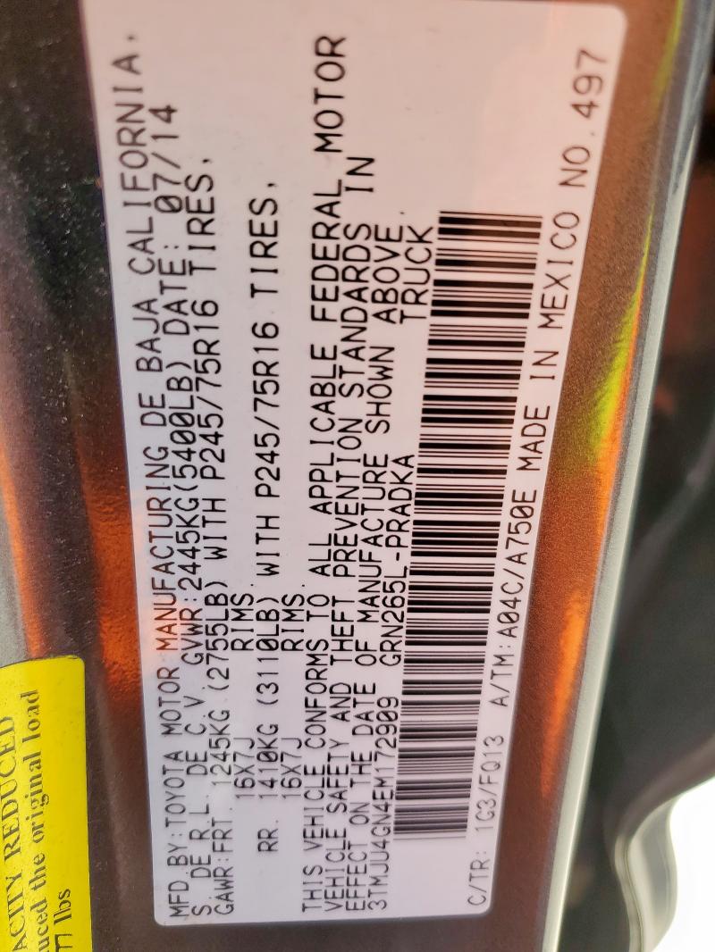 3TMJU4GN4EM172909 - 2014 TOYOTA TACOMA DOUBLE CAB PRERUNNER GRAY photo 12