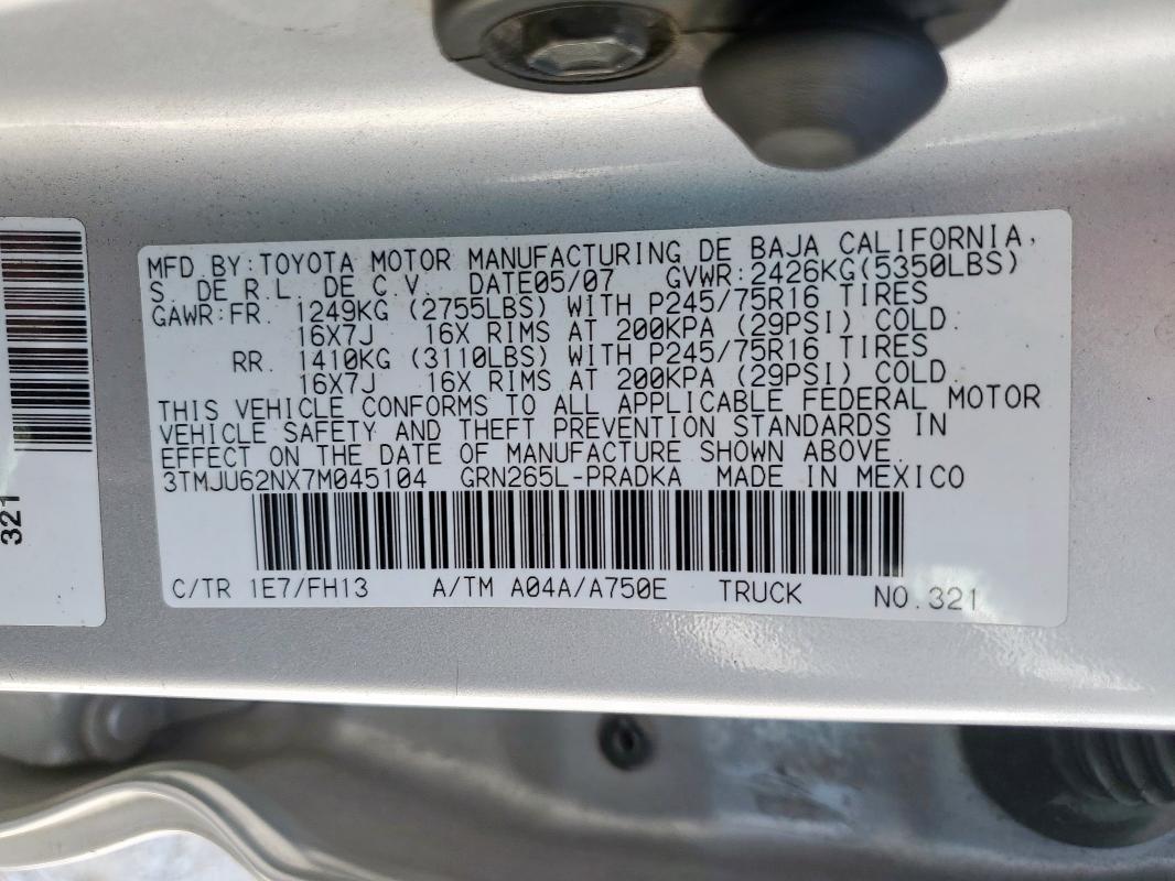 3TMJU62NX7M045104 - 2007 TOYOTA TACOMA DOUBLE CAB PRERUNNER SILVER photo 13