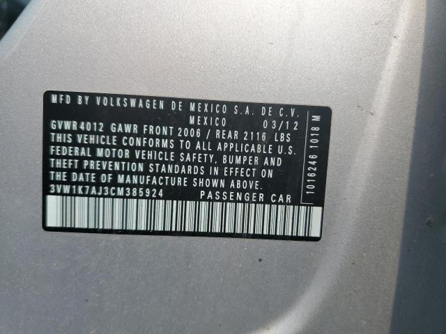 3VW1K7AJ3CM385924 - 2012 VOLKSWAGEN JETTA BASE Արծաթագույն լուսանկար 12