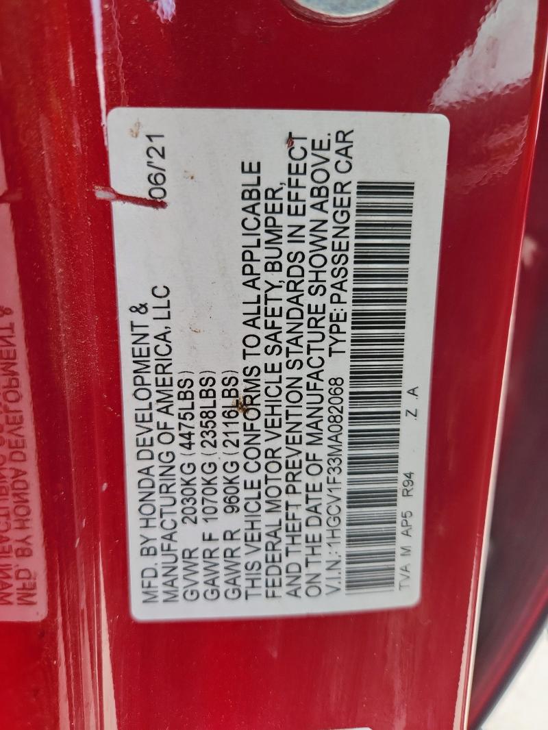 1HGCV1F33MA082068 - 2021 HONDA ACCORD SPORT 红色 照片 12