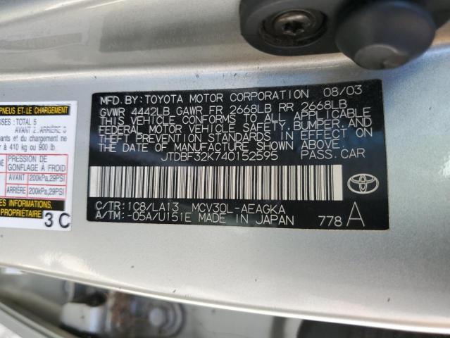 JTDBF32K740152595 - 2004 TOYOTA CAMRY LE SILVER photo 12