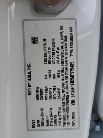 5YJ3E1EB2MF975489 - 2021 TESLA MODEL 3 თეთრი ფოტო 12