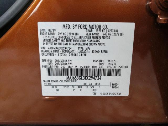 MAJ6S3GL3KC294734 - 2019 FORD ECOSPORT SE Marrón foto 10