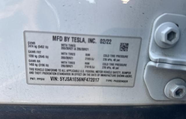 5YJSA1E56NF472017 - 2022 TESLA MODEL S 白色 照片 10