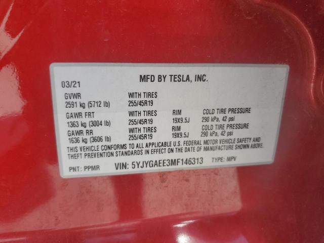 5YJYGAEE3MF146313 - 2021 TESLA MODEL Y RED photo 12
