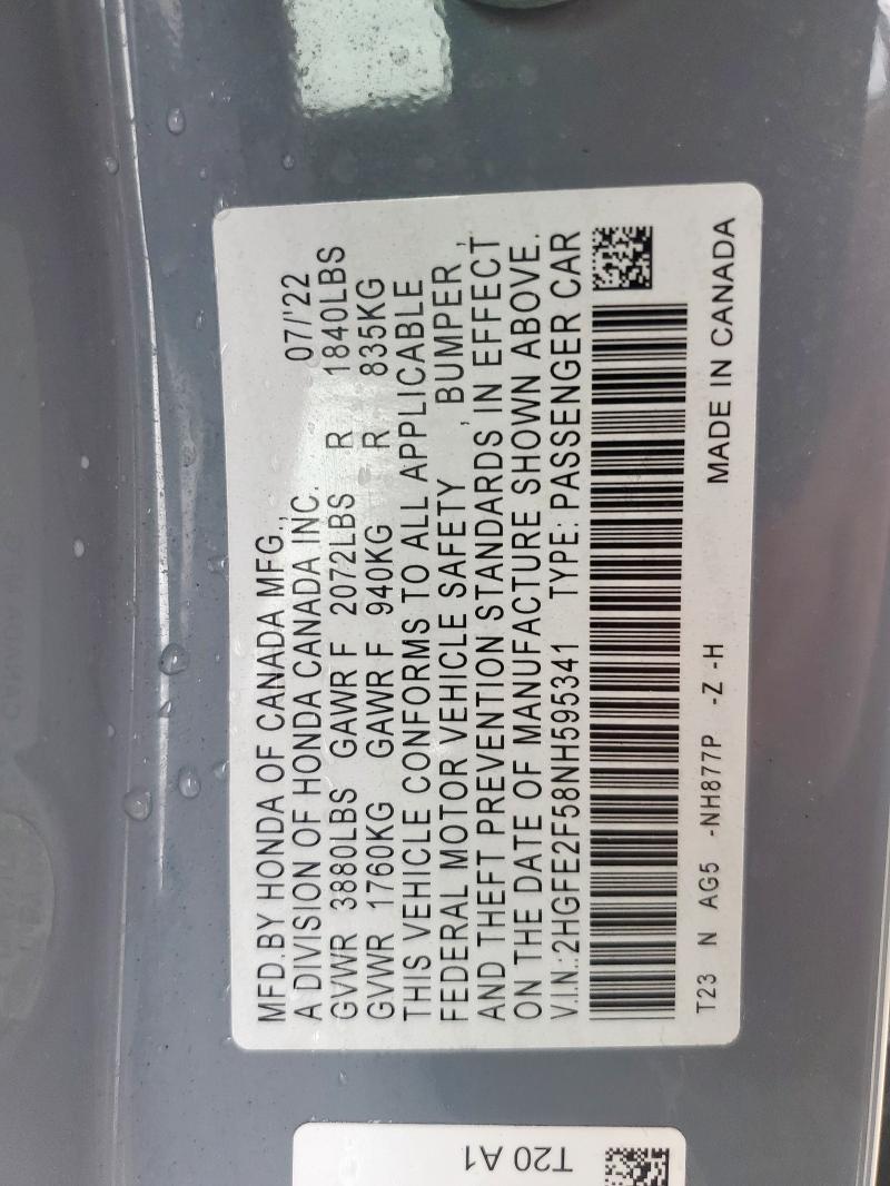 2HGFE2F58NH595341 - 2022 HONDA CIVIC SPORT GRAY photo 13