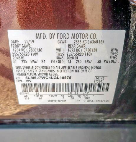 5LM5J7WC4LGL18575 - 2020 LINCOLN AVIATOR RESERVE 勃艮第红 照片 10