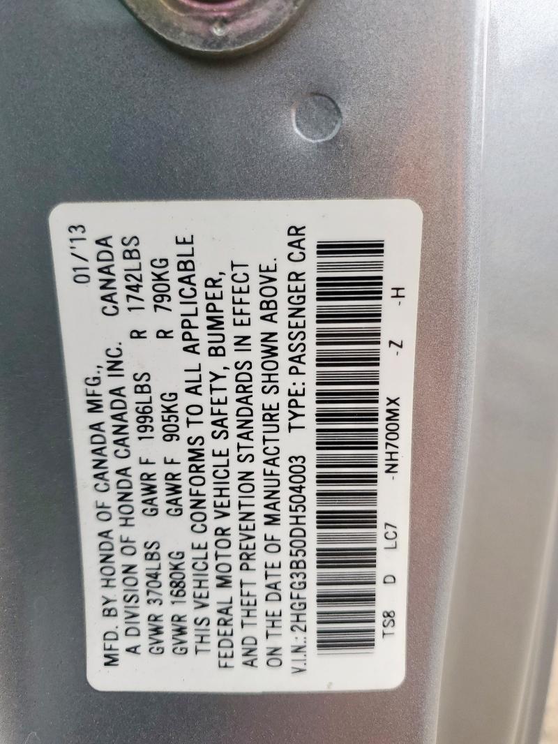 2HGFG3B50DH504003 - 2013 HONDA CIVIC LX SILVER photo 12