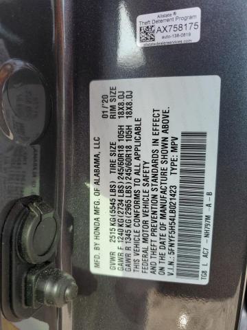 5FNYF5H54LB021423 - 2020 HONDA PILOT EXL GRAY photo 12