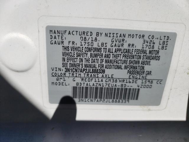 3N1CN7AP2JL888339 - 2018 NISSAN VERSA S WHITE photo 12