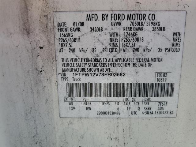 1FTPW12V78FB03582 - 2008 FORD F150 SUPERCREW WHITE photo 12