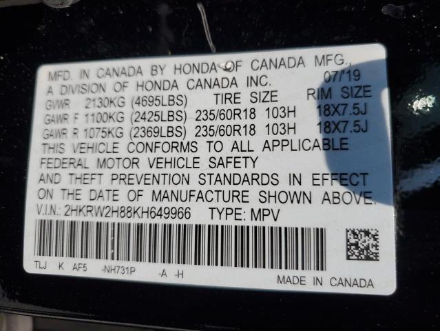 2HKRW2H88KH649966 - 2019 HONDA CR-V EXL BLACK photo 13
