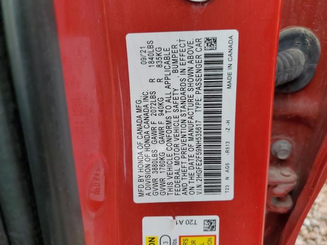 2HGFE2F59NH535617 - 2022 HONDA CIVIC SPORT 红色 照片 12