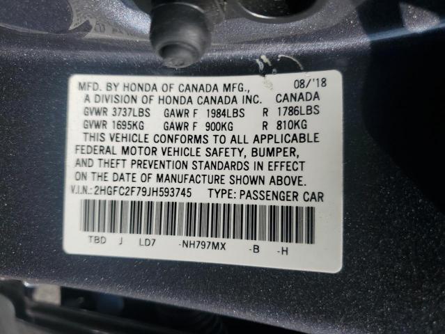 2HGFC2F79JH593745 - 2018 HONDA CIVIC EX GRAY photo 13