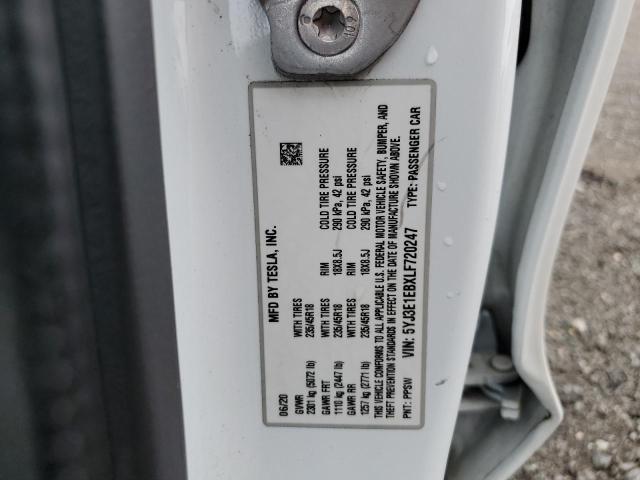 5YJ3E1EBXLF720247 - 2020 TESLA MODEL 3 თეთრი ფოტო 12