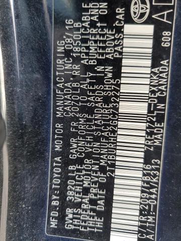 2T1BURHE2GC732275 - 2016 TOYOTA COROLLA L BLACK photo 13