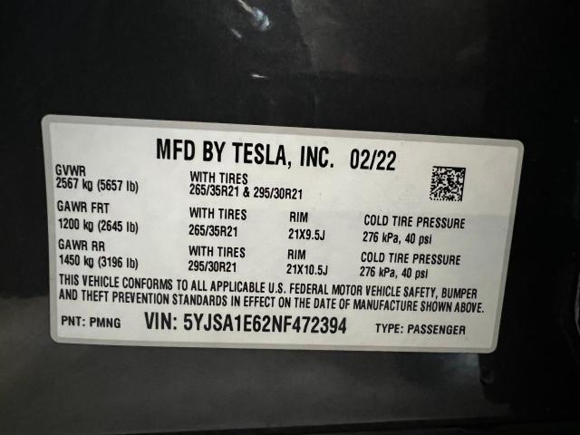 5YJSA1E62NF472394 - 2022 TESLA MODEL S 灰色 照片 10
