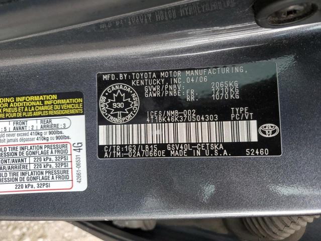 4T1BK46K37U504303 - 2007 TOYOTA CAMRY LE GRAY photo 12