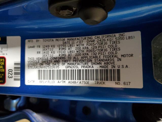 5TEJU62NX8Z522635 - 2008 TOYOTA TACOMA DOUBLE CAB PRERUNNER BLUE photo 12