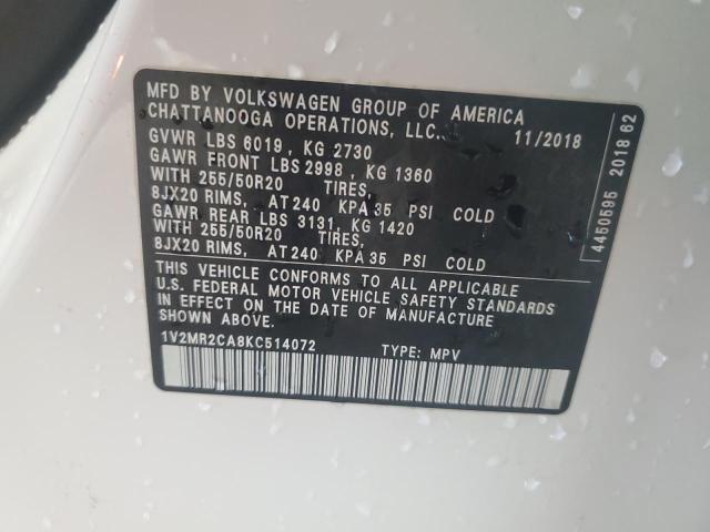 1V2MR2CA8KC514072 - 2019 VOLKSWAGEN ATLAS SEL Սպիտակ լուսանկար 13