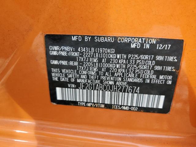 JF2GTABC0JH277674 - 2018 SUBARU CROSSTREK PREMIUM ORANGE photo 12