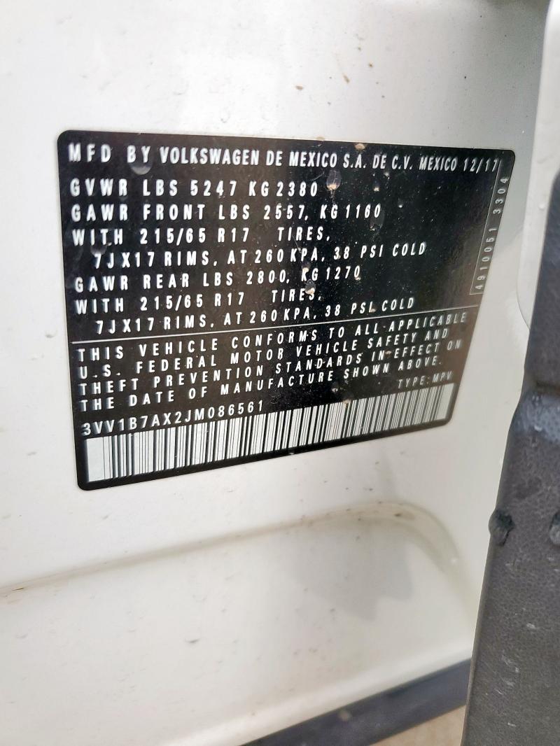 3VV1B7AX2JM086561 - 2018 VOLKSWAGEN TIGUAN S Blanc photo 12