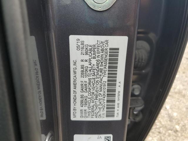 1HGCV1F42KA101912 - 2019 HONDA ACCORD EX Szary zdjęcie 12
