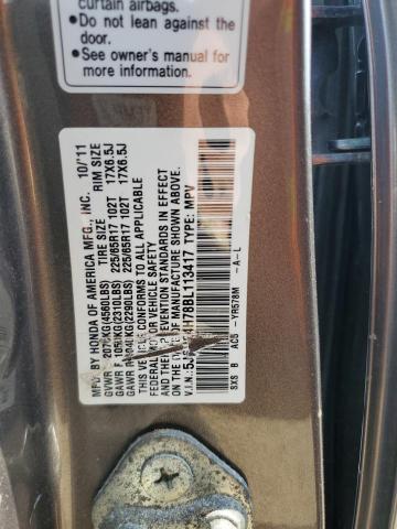 5J6RE4H78BL113417 - 2011 HONDA CR-V EXL GRAY photo 13