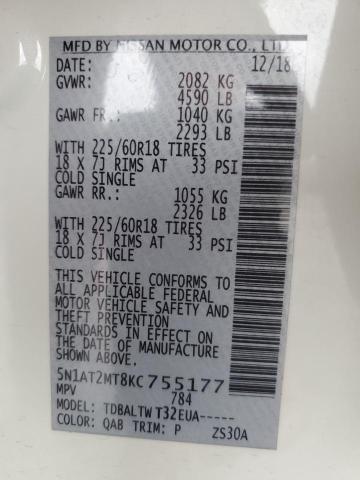 5N1AT2MT8KC755177 - 2019 NISSAN ROGUE S 白色 照片 12