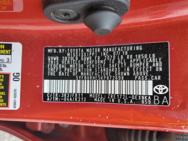 5YFBURHE5KP872698 - 2019 TOYOTA COROLLA L RED photo 12