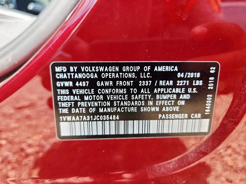 1VWAA7A31JC035484 - 2018 VOLKSWAGEN PASSAT S 红色 照片 12