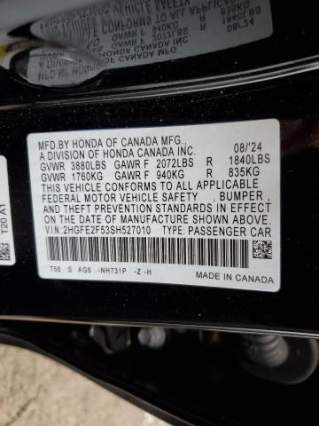 2HGFE2F53SH527010 - 2025 HONDA CIVIC SPORT BLACK photo 12