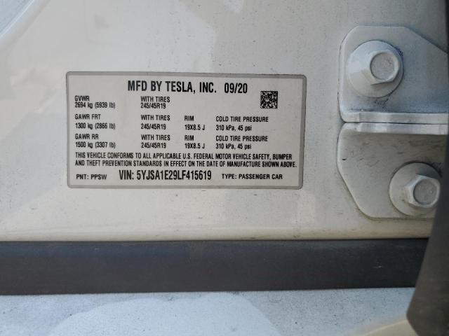 5YJSA1E29LF415619 - 2020 TESLA MODEL S Beyaz fotoğraf 13