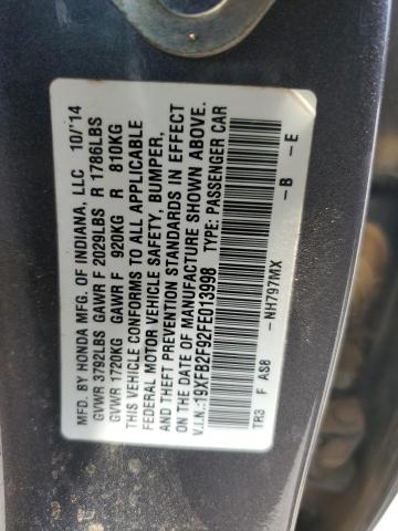 19XFB2F92FE013998 - 2015 HONDA CIVIC EXL GRAY photo 12