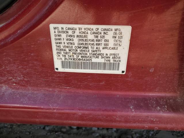 2HJYK16206H543425 - 2006 HONDA RIDGELINE RT RED photo 12