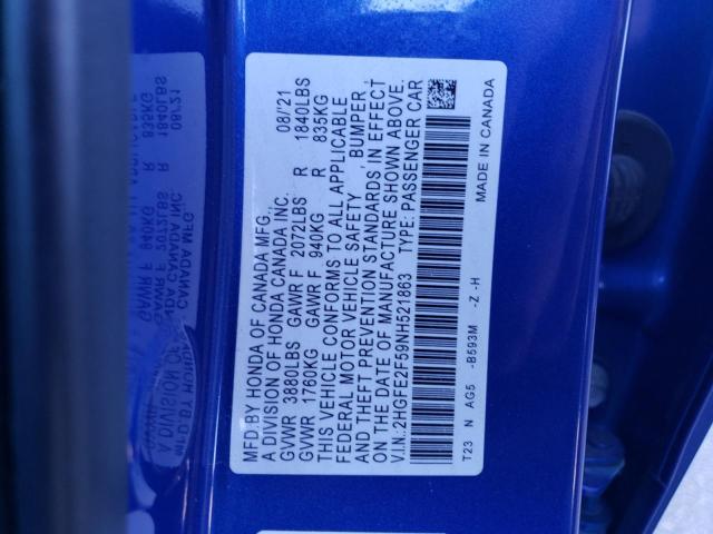 2HGFE2F59NH521863 - 2022 HONDA CIVIC SPORT BLUE photo 13